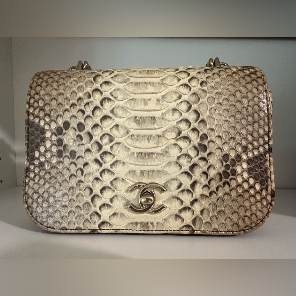 Chanel Carry Chic Flap Bag Snakeskin Metal Handle